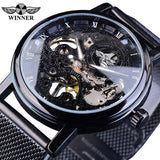 Winner Stainless Steel Mesh Band Transparent Classic Thin Case Hollow Skeleton Mens Male Mechanical Wrist Watch Top Brand Luxury