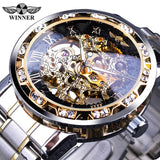 Winner Stainless Steel Mesh Band Transparent Classic Thin Case Hollow Skeleton Mens Male Mechanical Wrist Watch Top Brand Luxury