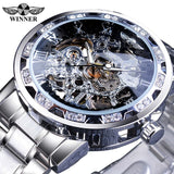 Winner Stainless Steel Mesh Band Transparent Classic Thin Case Hollow Skeleton Mens Male Mechanical Wrist Watch Top Brand Luxury