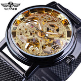 Winner Stainless Steel Mesh Band Transparent Classic Thin Case Hollow Skeleton Mens Male Mechanical Wrist Watch Top Brand Luxury