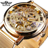 Winner Stainless Steel Mesh Band Transparent Classic Thin Case Hollow Skeleton Mens Male Mechanical Wrist Watch Top Brand Luxury