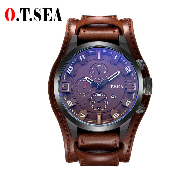 2019 Hot Sales O.T.SEA Brand Leather Watch Men Military Sports Quartz Wristwatch With Date Relogio Masculino 1032B