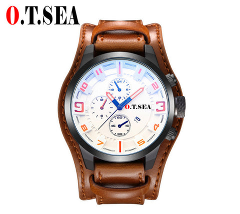 2019 Hot Sales O.T.SEA Brand Leather Watch Men Military Sports Quartz Wristwatch With Date Relogio Masculino 1032B