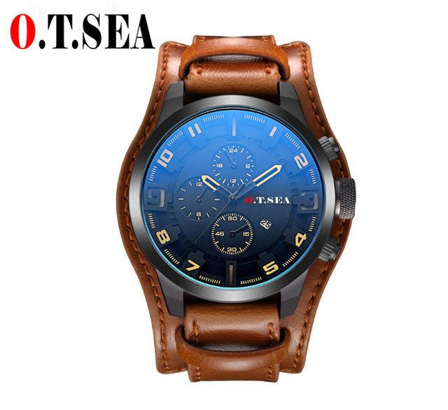 2019 Hot Sales O.T.SEA Brand Leather Watch Men Military Sports Quartz Wristwatch With Date Relogio Masculino 1032B