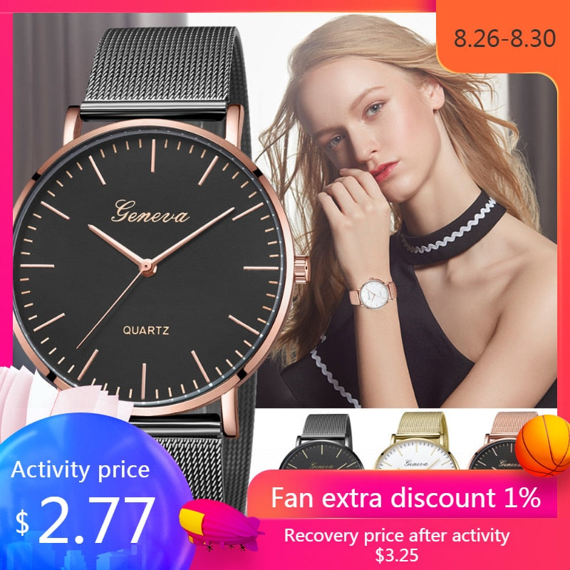 Modern Fashion Black Quartz Watch Men Women Mesh Stainless Steel Watchband High Quality Casual Wristwatch Gift for Female