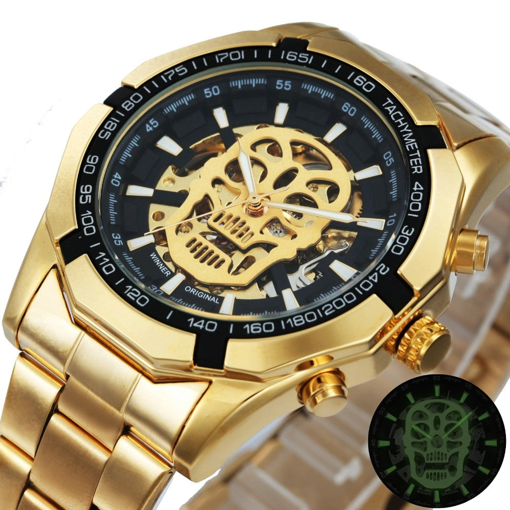 WINNER Official Golden Automatic Watch Men Steel Strap Skeleton Mechanical Skull Watches Top Brand Luxury Dropshipping Wholesale