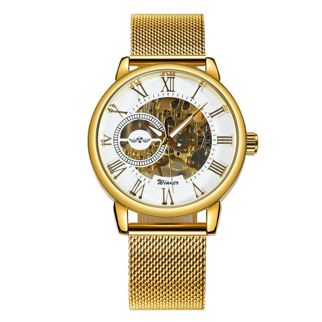 WINNER Official Golden Automatic Watch Men Steel Strap Skeleton Mechanical Skull Watches Top Brand Luxury Dropshipping Wholesale