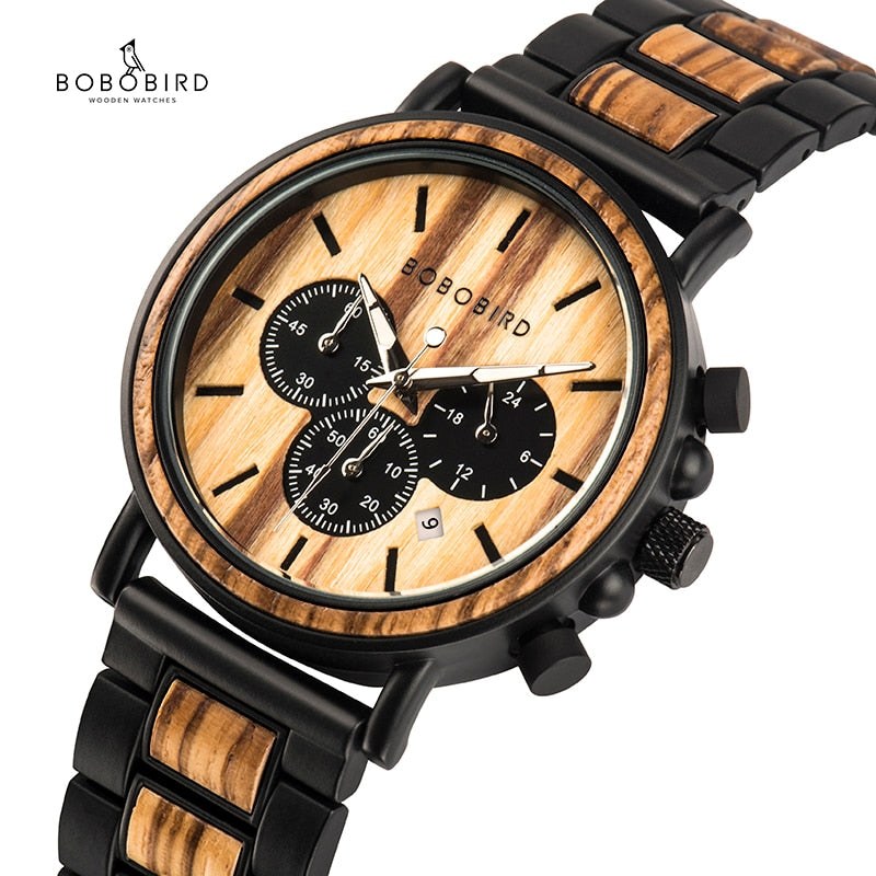 BOBO BIRD Wooden Watch Men erkek kol saati Luxury Stylish Wood Timepieces Chronograph Military Quartz Watches in Wood Gift Box