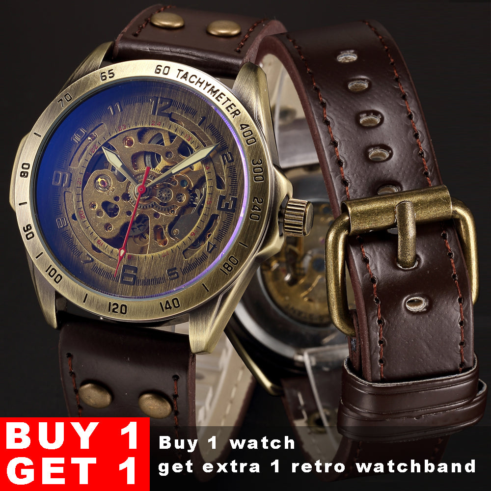 Skeleton Mechanical Watch Automatic Watch Men Steampunk Bronze Transparent Mens Automatic Mechanical Wrist Watches Clock for Man