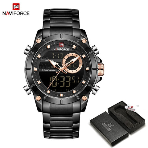 New NAVIFORCE Men Military Fashion Watch Gold Quartz Wristwatch Steel Waterproof Dual Display Male Clock Watch Relogio Masculino