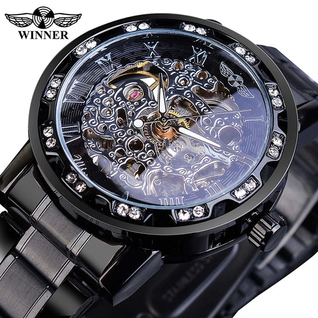 Winner Stainless Steel Mesh Band Transparent Classic Thin Case Hollow Skeleton Mens Male Mechanical Wrist Watch Top Brand Luxury