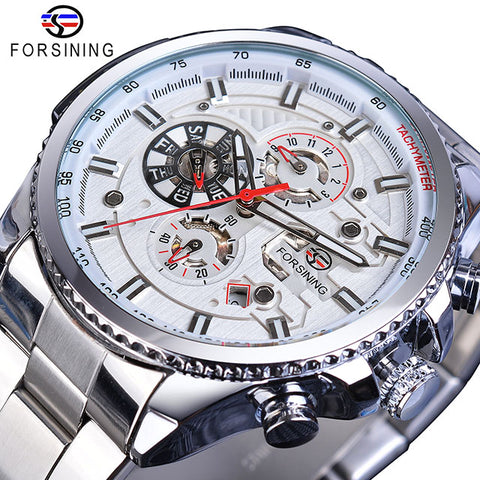 Forsining Three Dial Calendar Display Black Stainless Steel Men Automatic Wrist Watch Top Brand Luxury Military Sport Male Clock