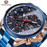 Forsining Three Dial Calendar Display Black Stainless Steel Men Automatic Wrist Watch Top Brand Luxury Military Sport Male Clock