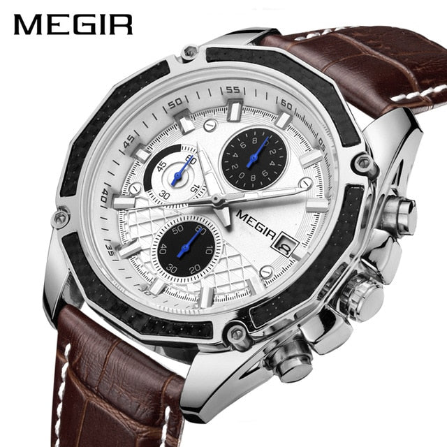 MEGIR Official Quartz Men Watches Fashion Genuine Leather Chronograph Watch Clock for Gentle Men Male Students Reloj Hombre 2015