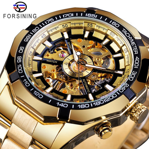 Forsining 2017 Silver Stainless Steel Waterproof Mens Skeleton Watches Top Brand Luxury Transparent Mechanical Male Wrist Watch