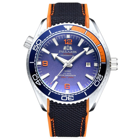 Men Automatic Self Wind Mechanical Canvas Rubber Strap James Bond 007 Style Orange Blue Red Rotatable Bezel Classic Watch