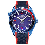 Men Automatic Self Wind Mechanical Canvas Rubber Strap James Bond 007 Style Orange Blue Red Rotatable Bezel Classic Watch