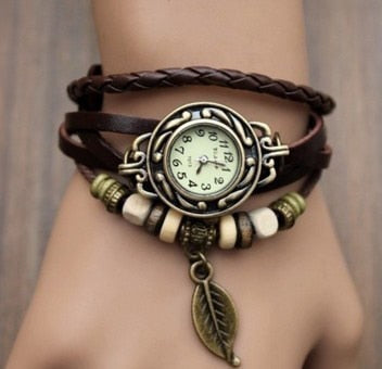 Multicolor High Quality Women Genuine Leather Vintage Quartz Dress Watch Bracelet Wristwatches leaf gift Christmas free shipping