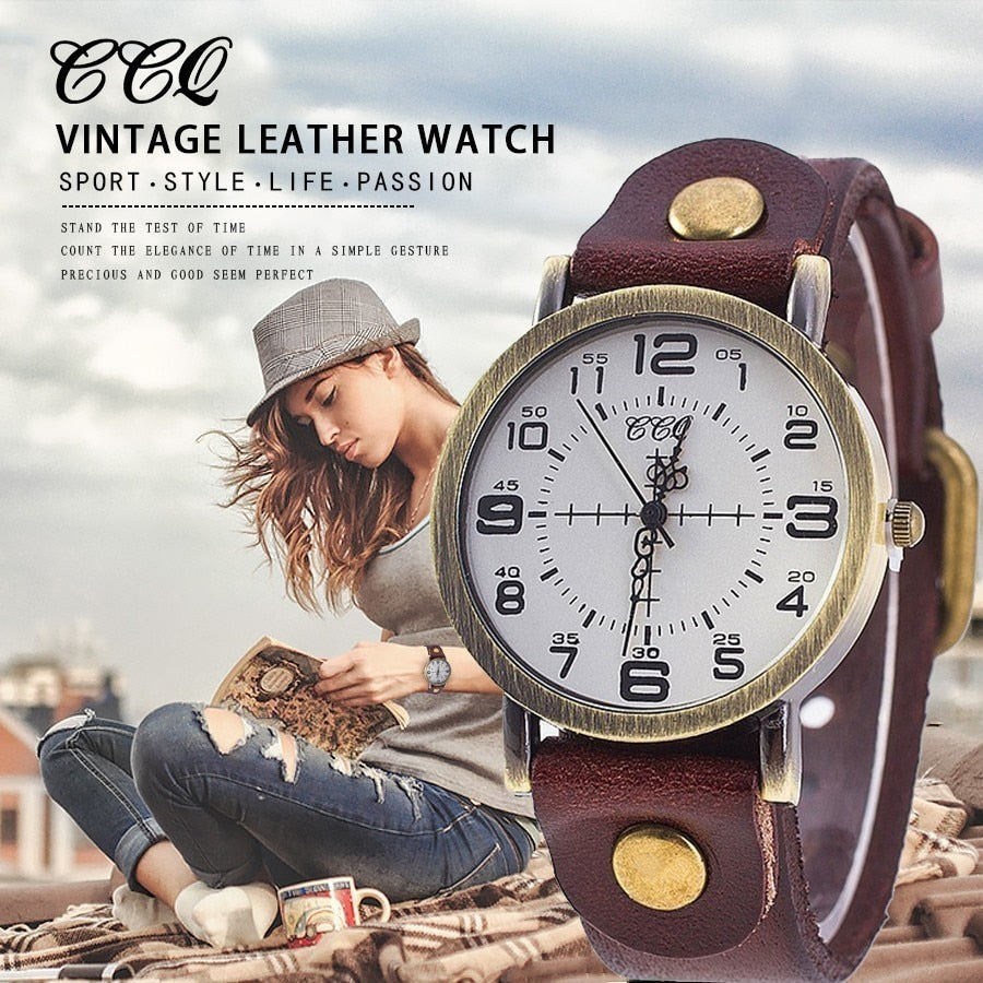 Hot Selling CCQ Vintage Cow Leather Bracelet Watch Women Wrist Watches Casual Luxury Quartz Watch Relogio Feminino Drop Shipping