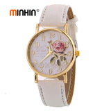 MINHIN New Arrival Rose Pattern Watches For Women Hot Selling PU Leather Wrist Watches Gift Fashion Casual Students Watch