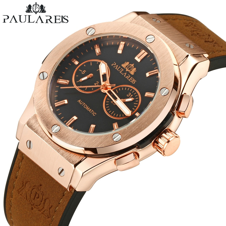 Men Automatic Self Wind Mechanical Rose Gold Silver Black Case Brown Leather Rubber Strap Casual Sports Geneve Watch