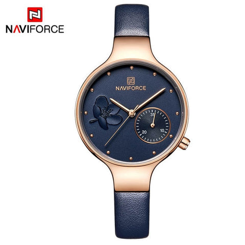 NAVIFORCE Women Fashion Blue Quartz Watch Lady Leather Watchband High Quality Casual Waterproof Wristwatch Gift for Wife 2019