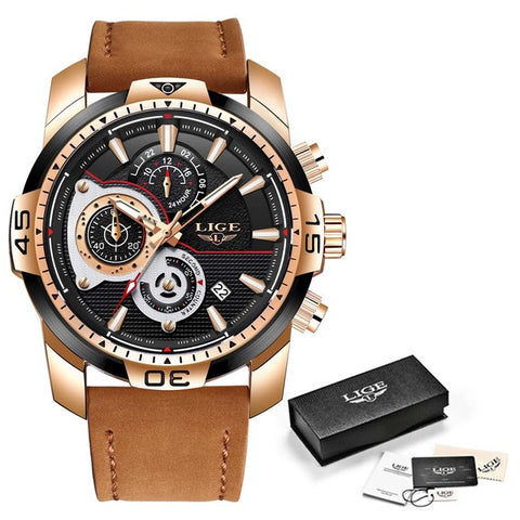 2019 LIGE Mens Watches Top Brand Luxury Casual Leather Quartz Clock Male Sport Waterproof Watch Gold Watch Men Relogio Masculino