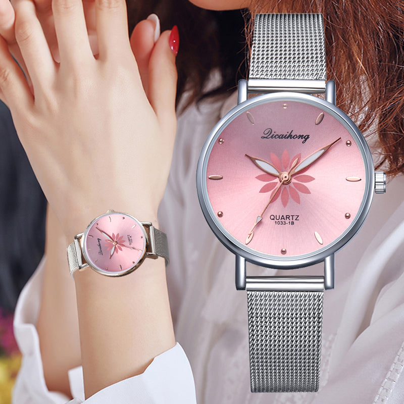 Women's Wristwatches Luxury Silver Popular Pink Dial Flowers Metal Ladies Bracelet Quartz Clock Fashion Wrist Watch 2019 Top