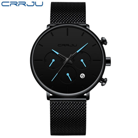 Relogio Masculino CRRJU Mens Business Dress Watches Luxury Casual Waterproof Sport Watch Men 3-Sub Dial Quartz Slim Mesh Watch