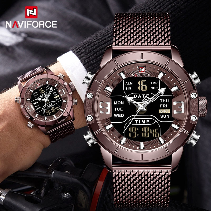 NAVIFORCE New Top Luxury Brand Stainless Steel Sports Men Watch Army Military Dual Display Waterproof Watches relogio masculino