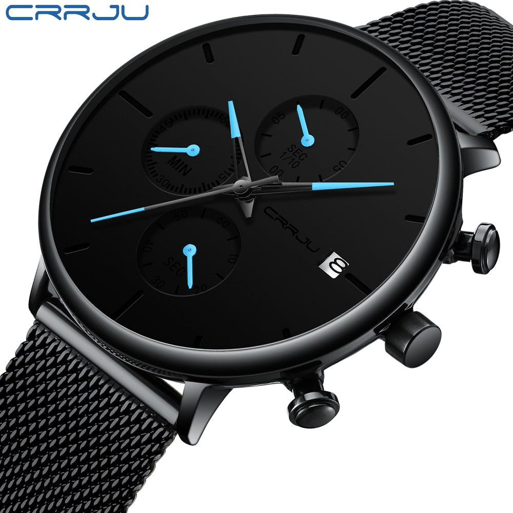 CRRJU Fashion Watch Men Waterproof Slim Mesh Strap Minimalist Wrist Watches For Men Quartz Sports Watch Clock Relogio Masculino