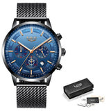 Relogio Masculino LIGE Luxury Quartz Watch for Men Blue Dial Watches Sports Watches Moon Phase Chronograph Mesh Belt Wrist Watch