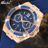 MISSFOX Women's Watches Chronograph Rose Gold Sport Watch Ladies Diamond Blue Rubber Band Xfcs Analog Female Quartz Wristwatch